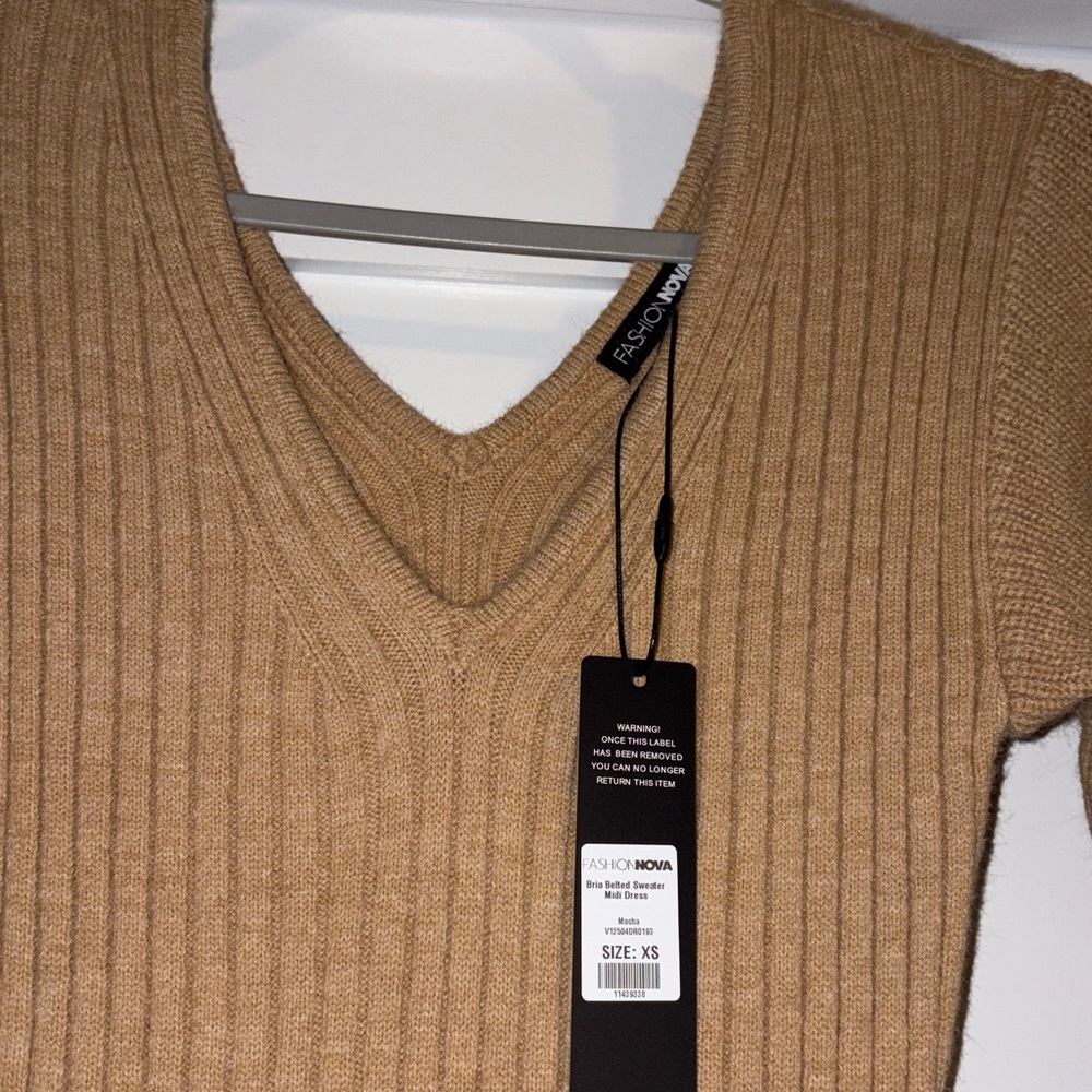 FashionNova Bria Belted Dress mocha Elegant Tan Knit Dress size XS - Picture 7 of 16
